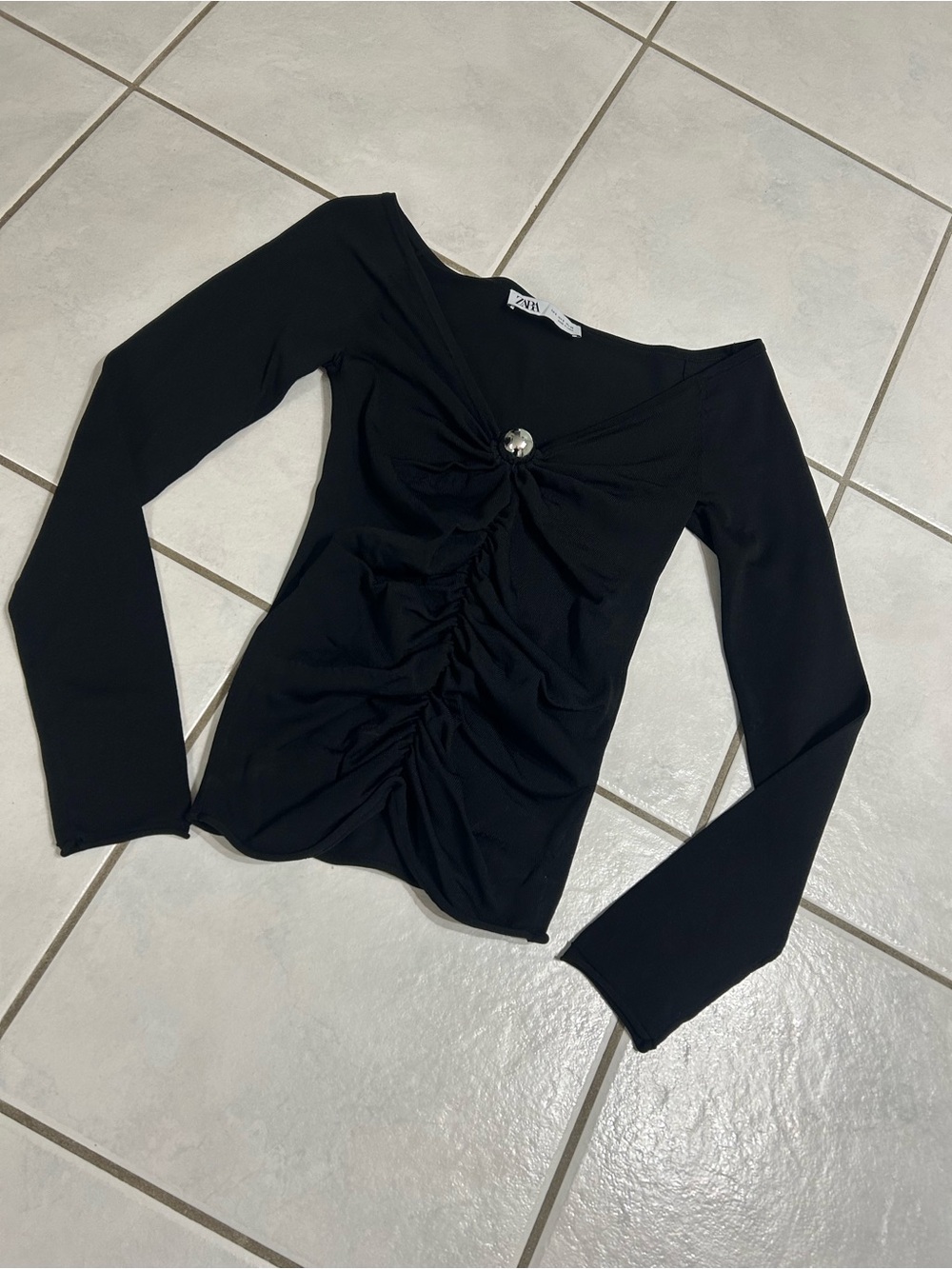 Zara Black Long Sleeve Ruched Front Top with Center Accent